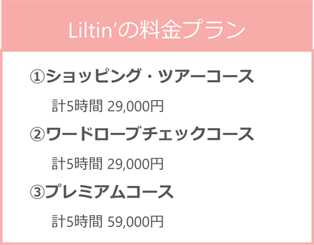 Liltin’の基本プランは、ショッピングツアーコース、ワードローブチェックコース、プレミアムコースの3つ